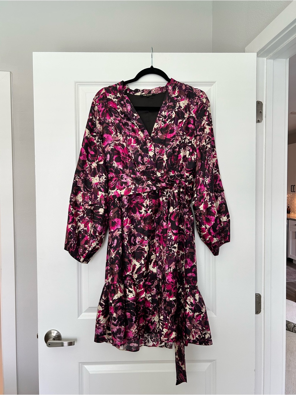 Kobi Halperin Magenta and Black Floral V-Neck Long Sleeve Dress